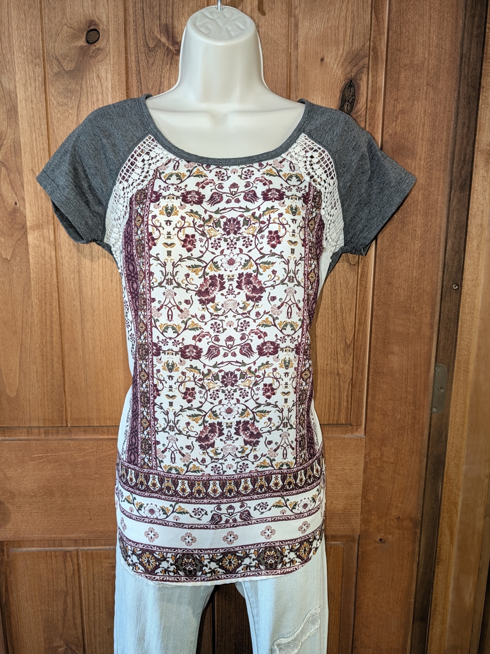 Maurices Gray Short Sleeve Tee with Burgundy Floral Front Panel